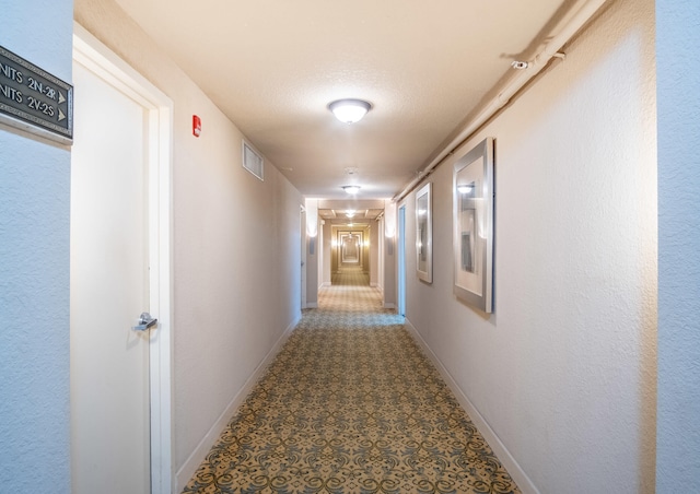 hall featuring carpet floors and a textured ceiling