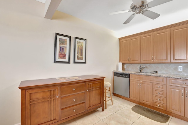 kitchen with ceiling fan, stainless steel dishwasher, decorative backsplash, sink, and light tile patterned flooring