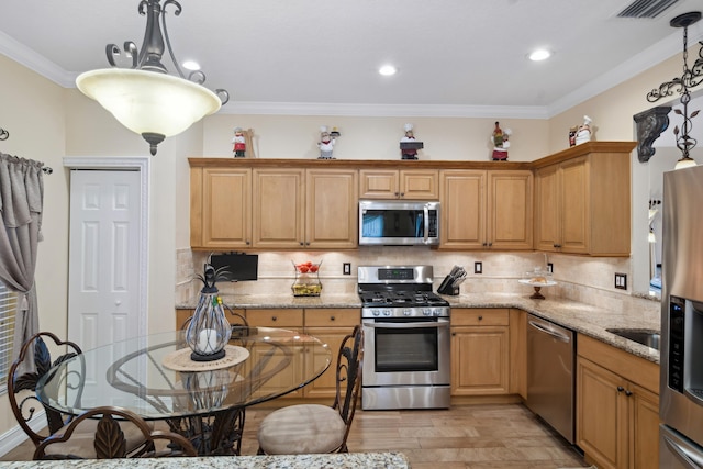 kitchen with stainless steel appliances, decorative backsplash, light wood-type flooring, hanging light fixtures, and light stone counters