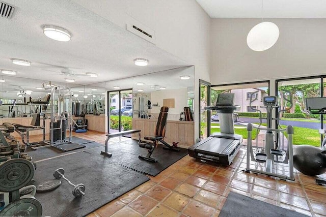 workout area with a towering ceiling and a textured ceiling