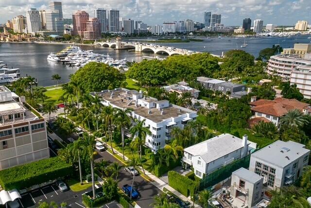 aerial view featuring a water view