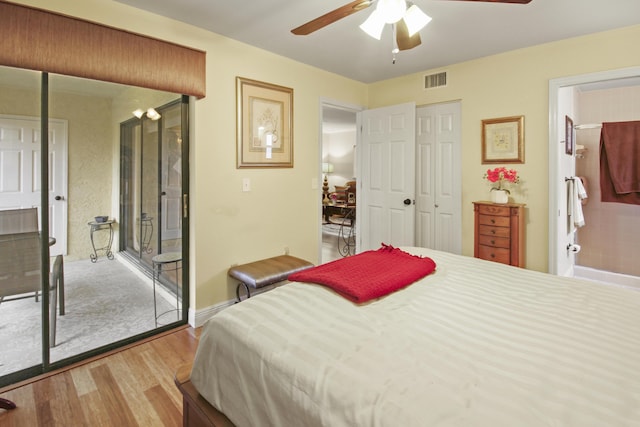 bedroom featuring ceiling fan and light hardwood / wood-style flooring