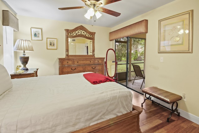 bedroom featuring ceiling fan, access to exterior, and hardwood / wood-style floors