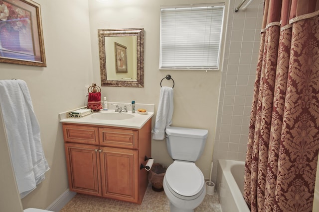 full bathroom with toilet, vanity, and shower / bath combo with shower curtain