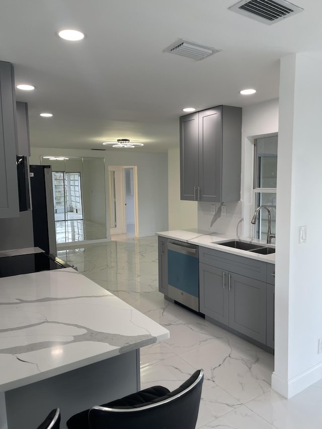 kitchen featuring light stone countertops, sink, gray cabinets, and stainless steel appliances