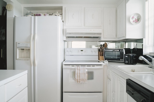 kitchen featuring white appliances, white cabinetry, a healthy amount of sunlight, sink, and range hood