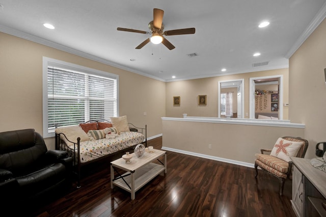 living room featuring ceiling fan, dark wood-type flooring, and ornamental molding