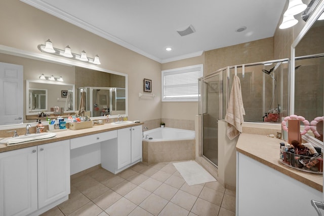 bathroom with tile patterned floors, vanity, ornamental molding, and shower with separate bathtub