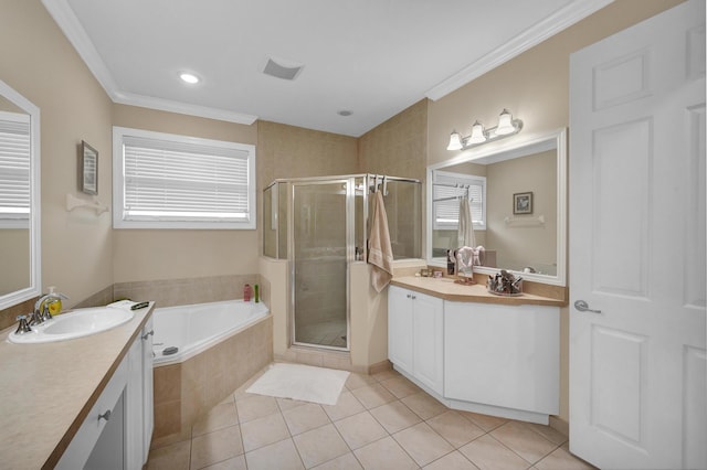 bathroom featuring vanity, tile patterned flooring, plus walk in shower, and ornamental molding