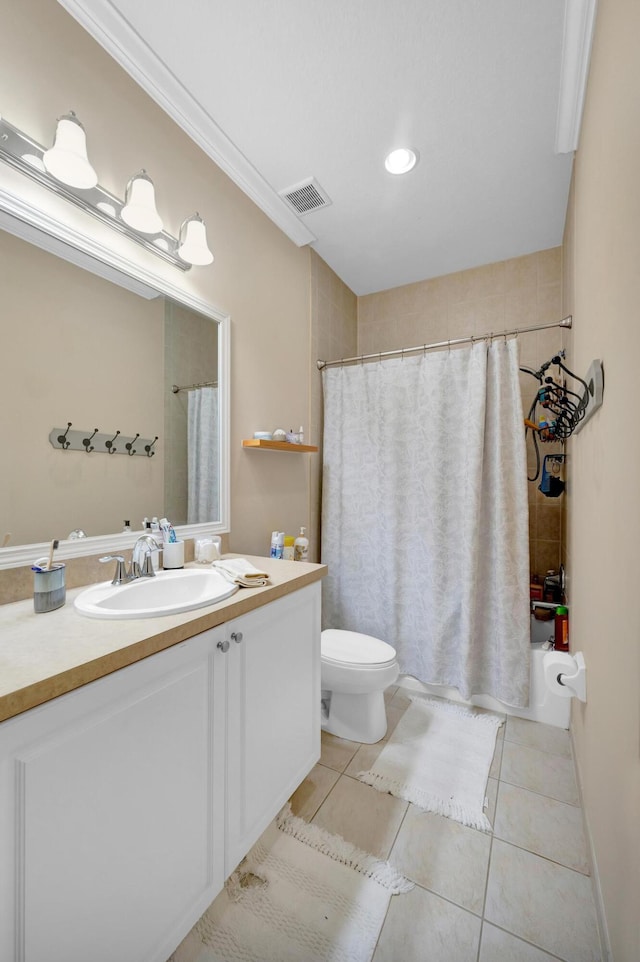 full bathroom with shower / bathtub combination with curtain, tile patterned floors, vanity, toilet, and ornamental molding