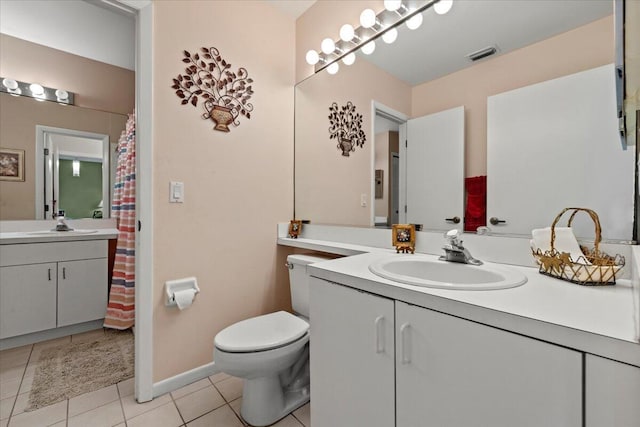 full bath featuring vanity, toilet, tile patterned flooring, and visible vents