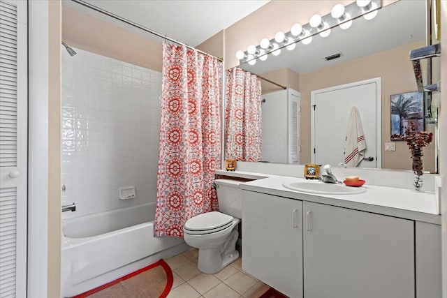 full bathroom featuring vanity, shower / tub combo, toilet, tile patterned flooring, and visible vents