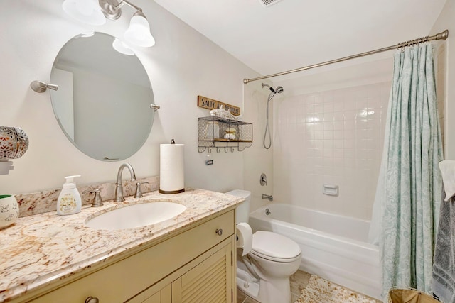 bathroom with toilet, shower / bath combination with curtain, and vanity