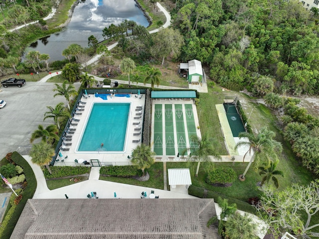 birds eye view of property featuring a water view