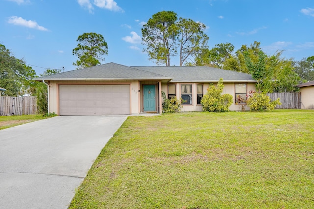 single story home featuring a front lawn and a garage