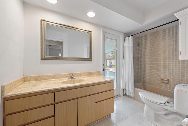 full bathroom with toilet, vanity, tile patterned flooring, and shower / tub combo with curtain