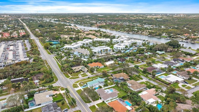 bird's eye view with a water view