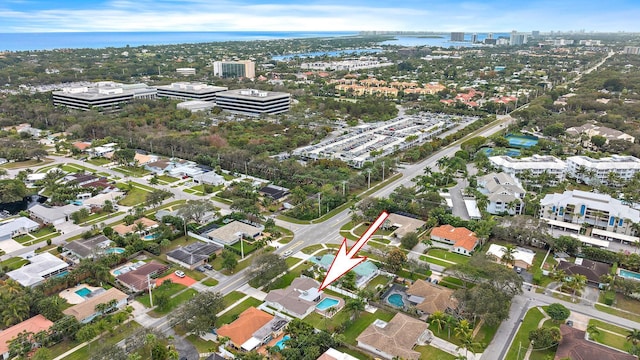 aerial view featuring a water view