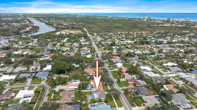 aerial view featuring a water view