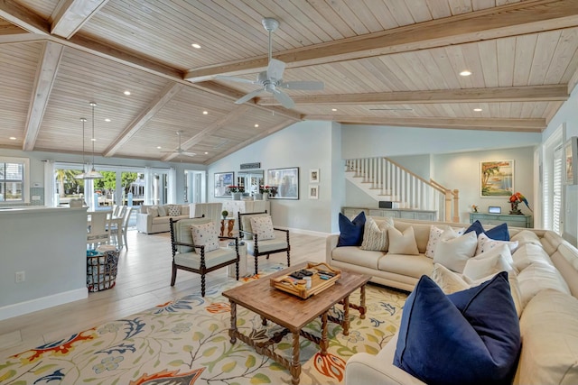 living room featuring ceiling fan, light hardwood / wood-style flooring, lofted ceiling with beams, and wood ceiling