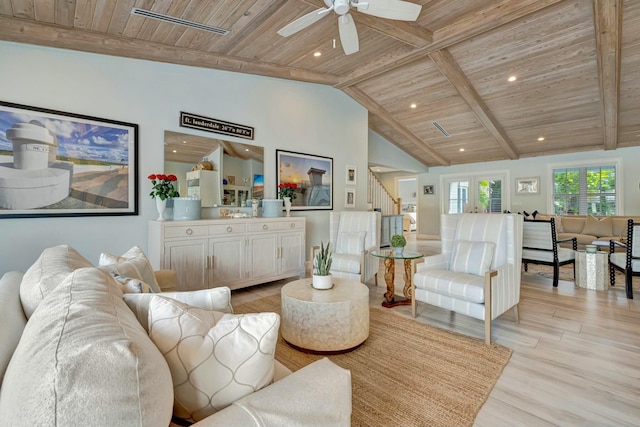 living room with vaulted ceiling with beams, light wood-type flooring, and wood ceiling