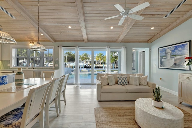 living room with wooden ceiling, vaulted ceiling with beams, and ceiling fan