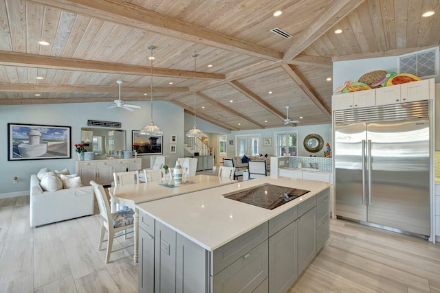 kitchen featuring wooden ceiling, built in fridge, black electric cooktop, and gray cabinets