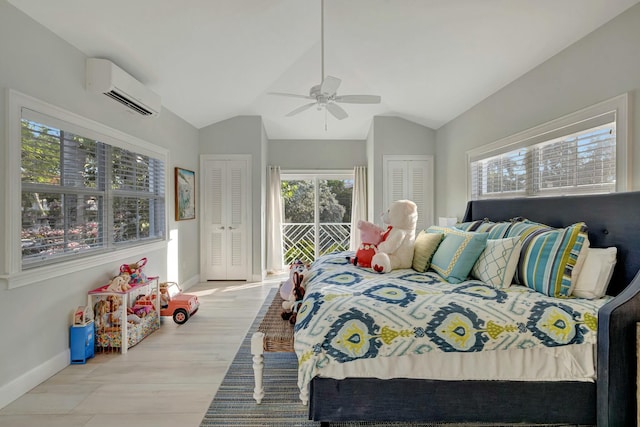 bedroom featuring ceiling fan, lofted ceiling, multiple windows, and a wall mounted air conditioner