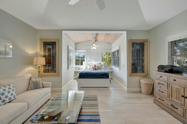 bedroom featuring ceiling fan, light hardwood / wood-style flooring, and vaulted ceiling with beams