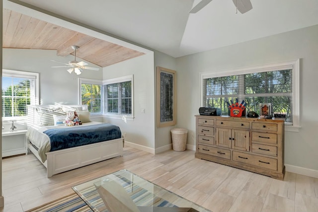 bedroom featuring ceiling fan, light hardwood / wood-style floors, wooden ceiling, and lofted ceiling with beams