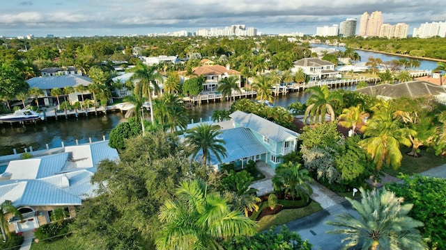 drone / aerial view featuring a water view