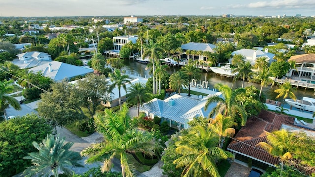 bird's eye view with a water view