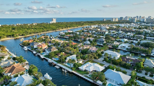 aerial view featuring a water view