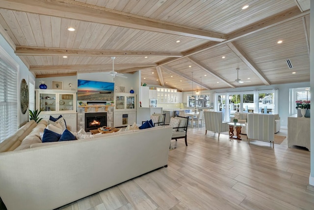 living room featuring wood ceiling, a fireplace, high vaulted ceiling, ceiling fan, and beam ceiling