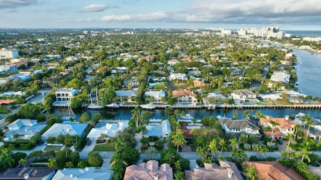 drone / aerial view featuring a water view