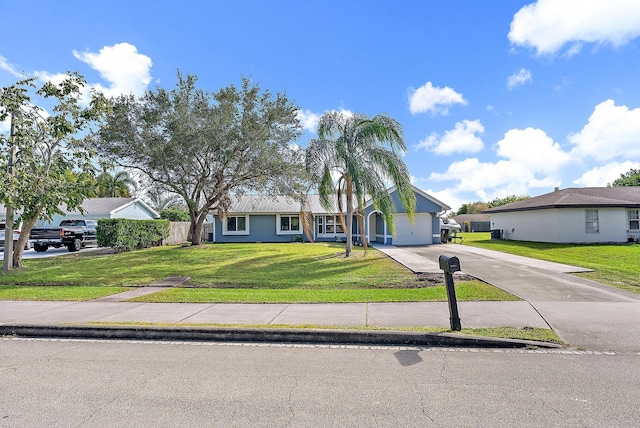 view of front facade with driveway, a garage, fence, and a front yard