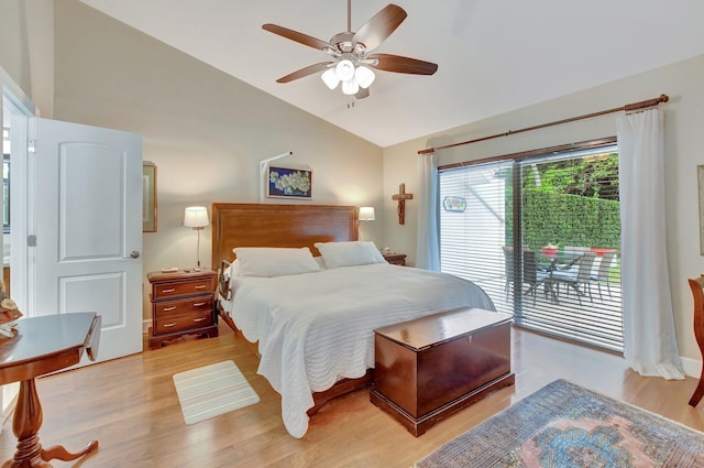 bedroom with light wood-type flooring, ceiling fan, lofted ceiling, and access to outside