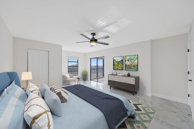 interior space featuring marble finish floor, baseboards, visible vents, and ceiling fan