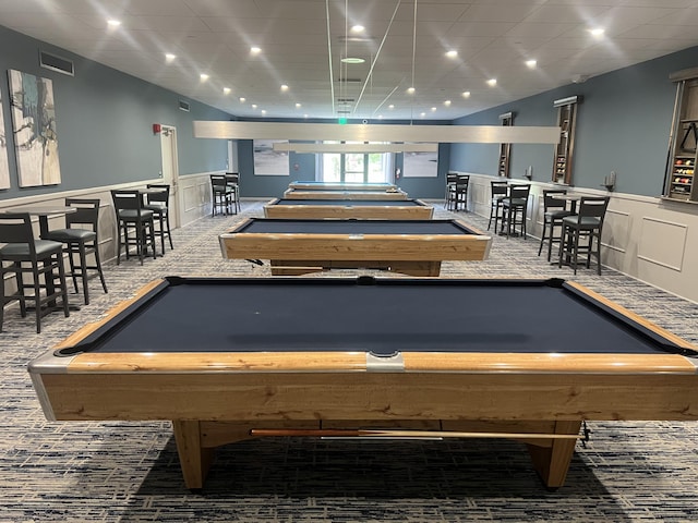 recreation room with a decorative wall, visible vents, recessed lighting, billiards, and wainscoting