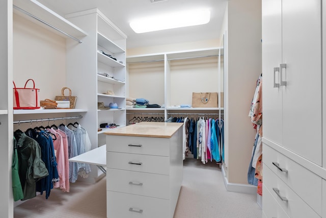 walk in closet with light colored carpet