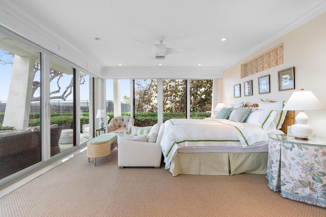 bedroom featuring light carpet, ceiling fan, crown molding, and access to outside