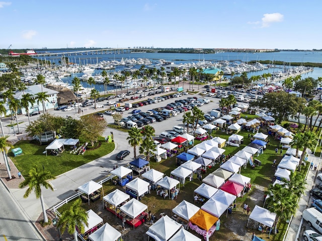 drone / aerial view with a water view