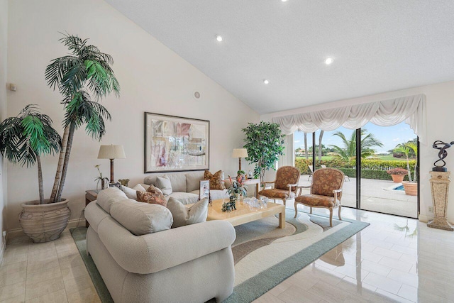 living room with light tile patterned floors, a textured ceiling, and high vaulted ceiling