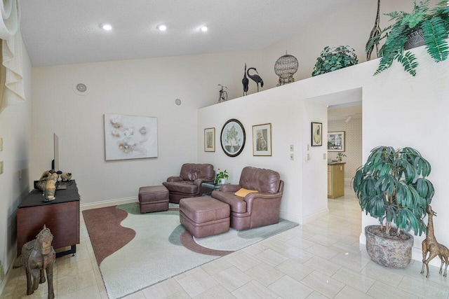 interior space with high vaulted ceiling and a textured ceiling