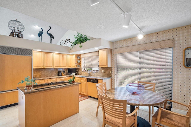 kitchen with a center island, light brown cabinetry, dishwasher, black cooktop, and paneled refrigerator