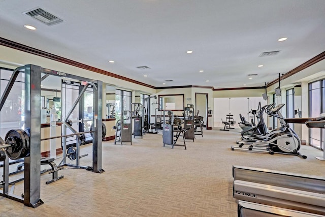 gym featuring light carpet and ornamental molding