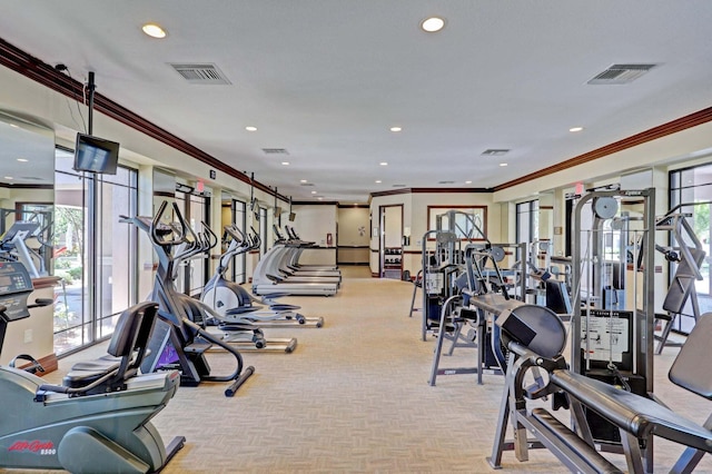 exercise room with ornamental molding