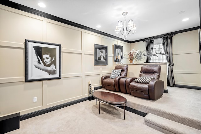 living area with an inviting chandelier, crown molding, and light colored carpet