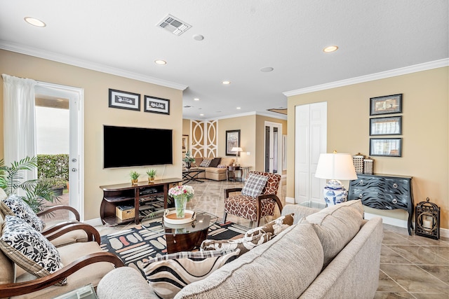 living room with ornamental molding and light tile patterned flooring