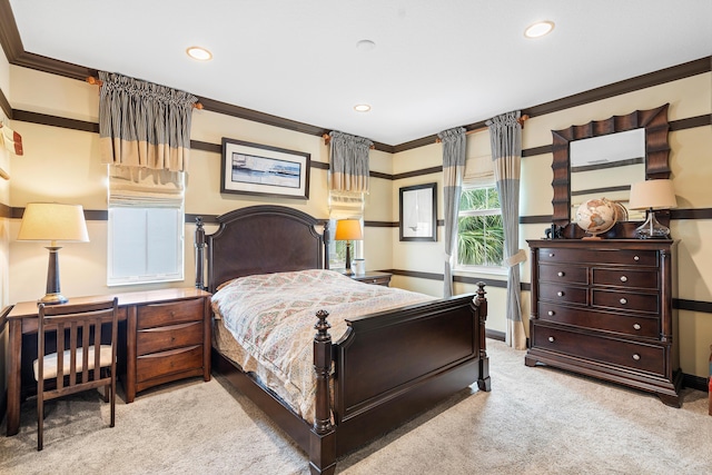 carpeted bedroom featuring ornamental molding